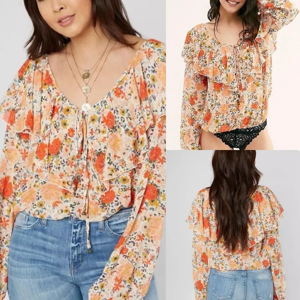 Free People Intimately Free Say It To Me Orange and Cream Bodysuit-Floral Blouse